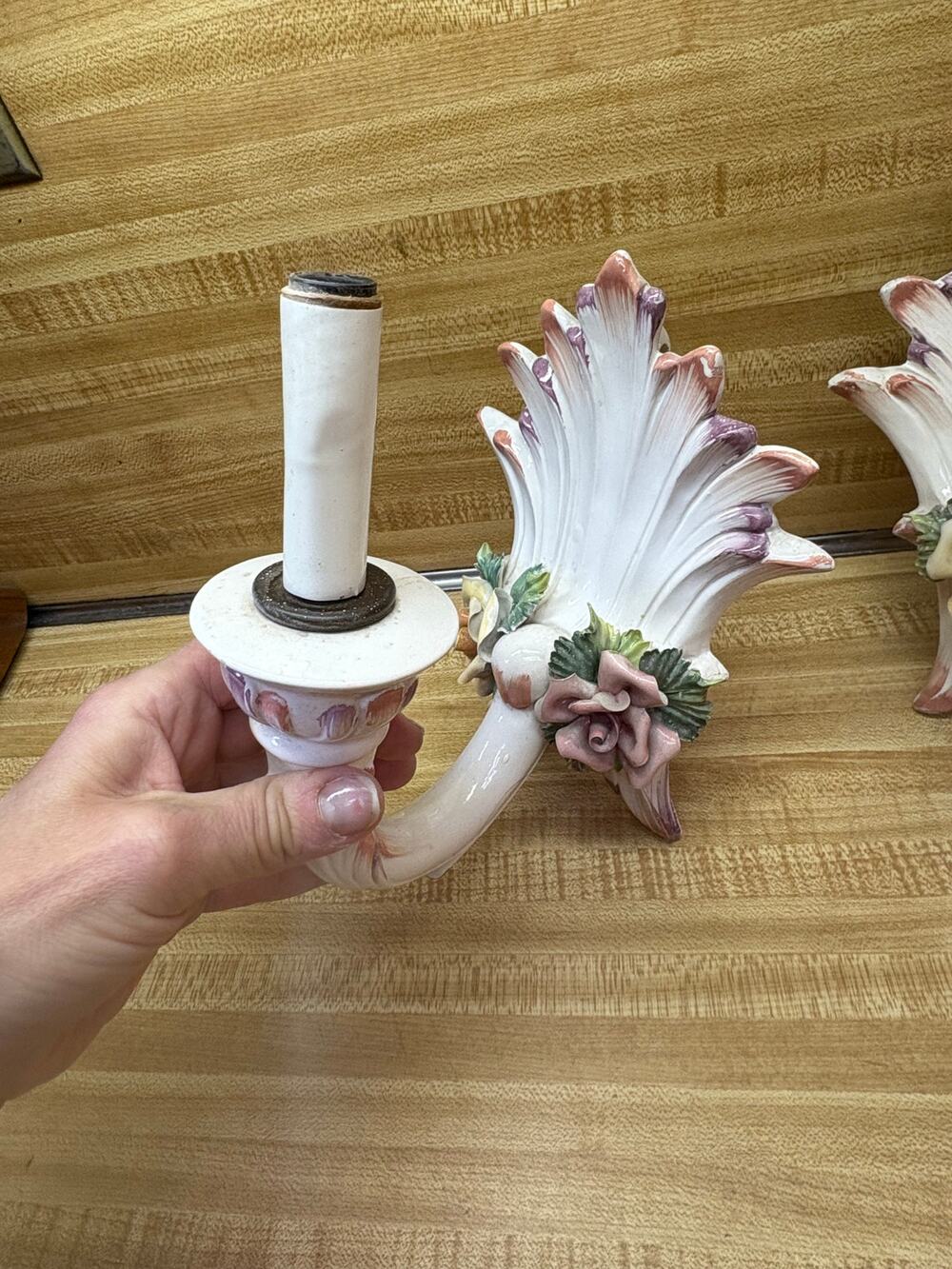 Vintage 1960s capodimonte floral ceramic sconces electric wired white 8" tall